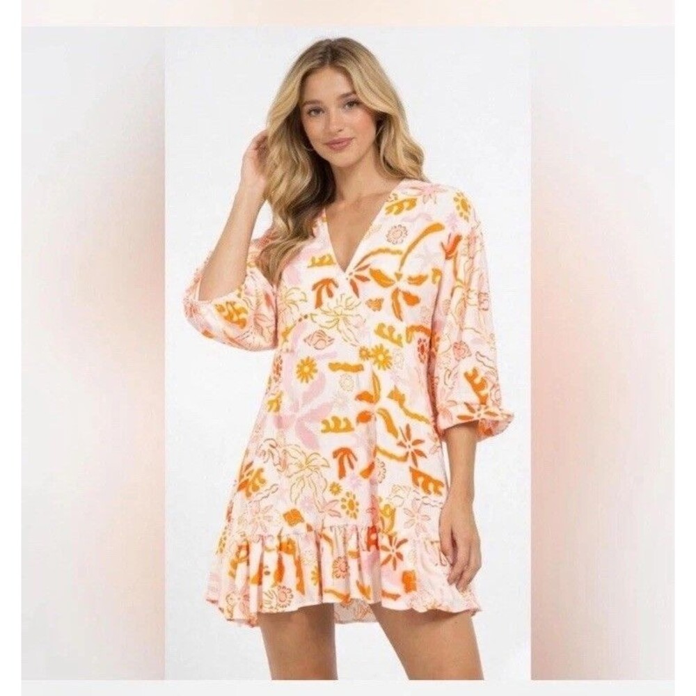 Label of Love Babydoll Ruffle Mini Dress Pink Orange Floral Print Sz L Boho